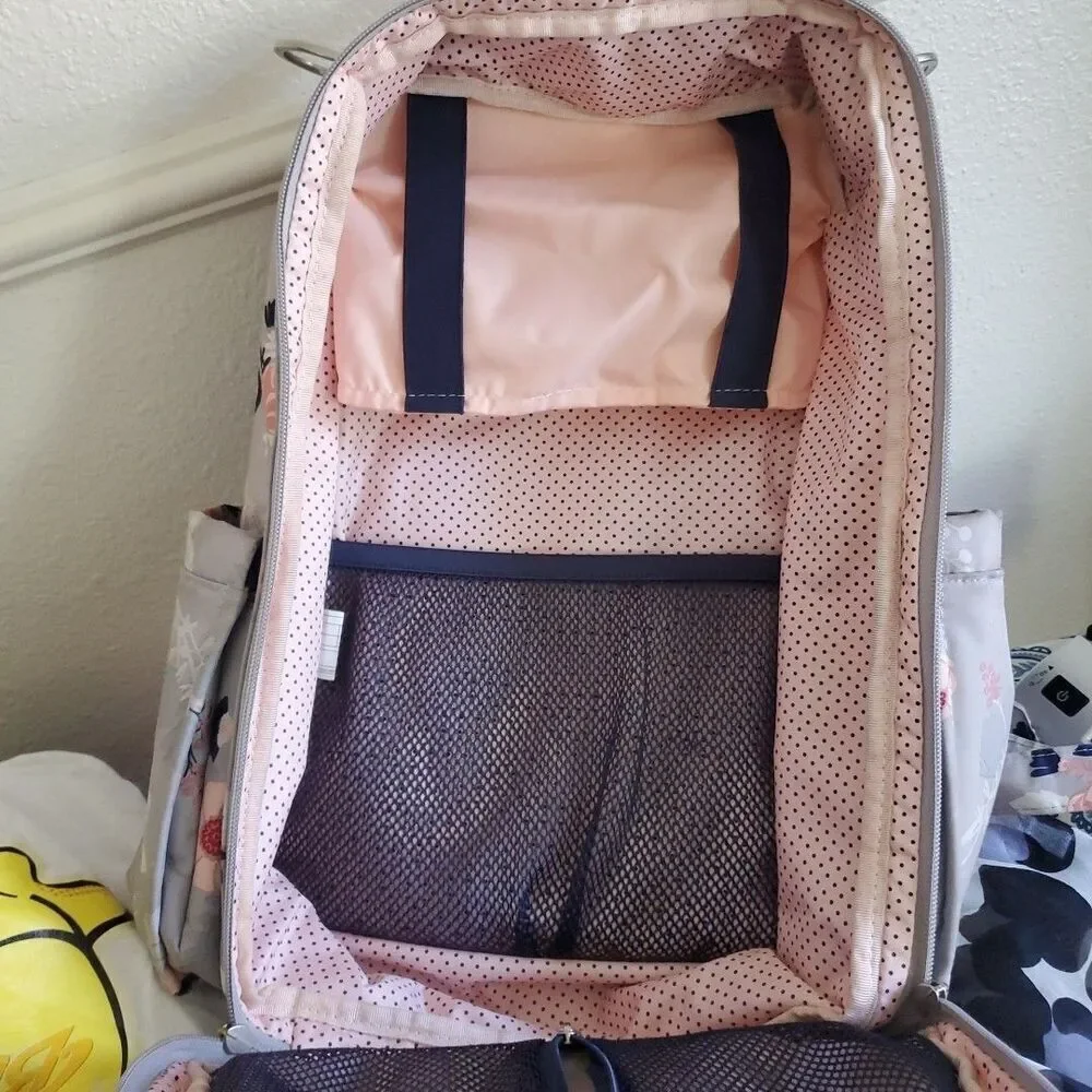 JuJuBe Be Right Back Multi-Function Diaper Backpack Floral Gray Multi Zip Pocket